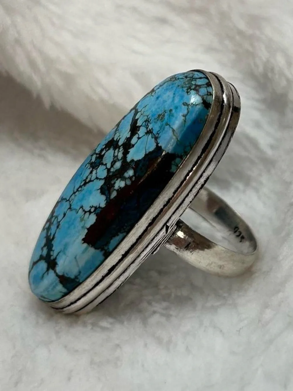 925 Silver Blue Turquoise Oval Statement Ring - Women Jewelry